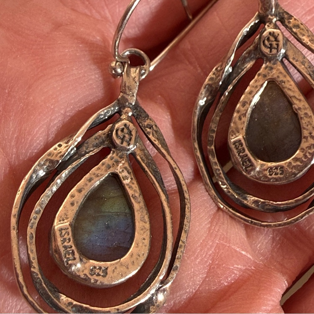 Vintage Sterling silver Israel labradorite brutalist modernist designer earrings - Picture 8 of 14